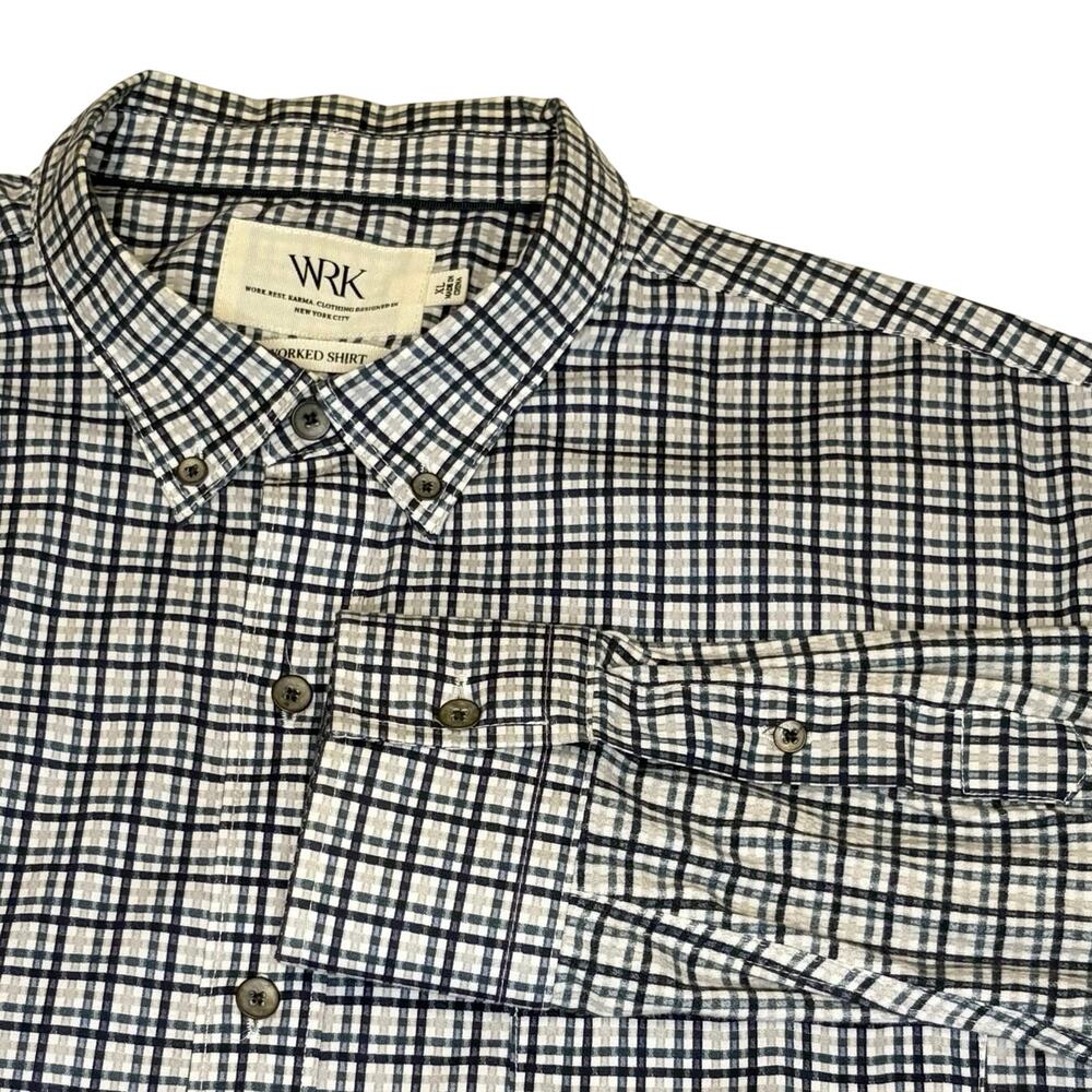WRK The Reworked Shirt Men's XL Blue Plaid Mixed Media Stretch Button Down